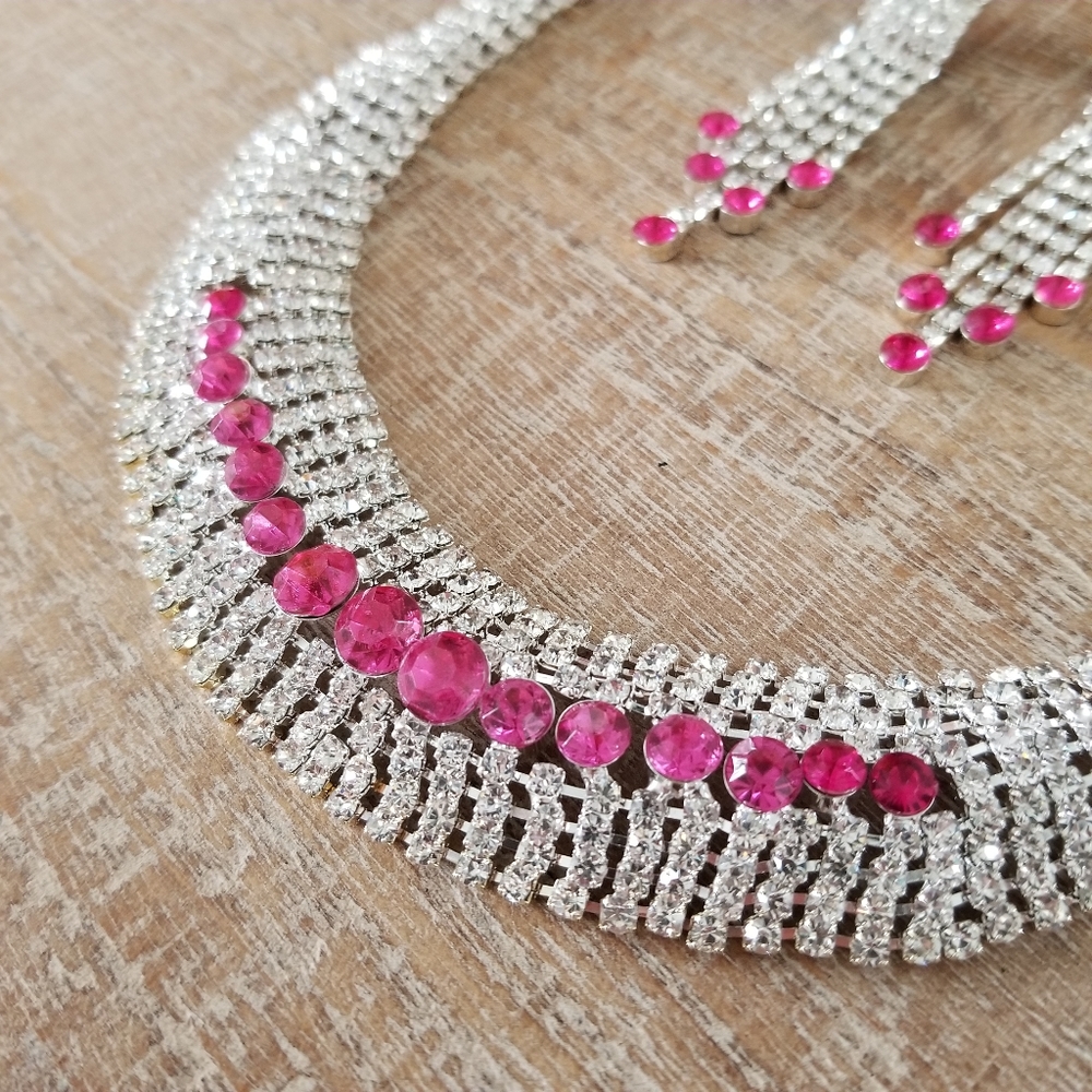 Large Pink and Silver Rhinestone Jewelry Set - Picture 4 of 7